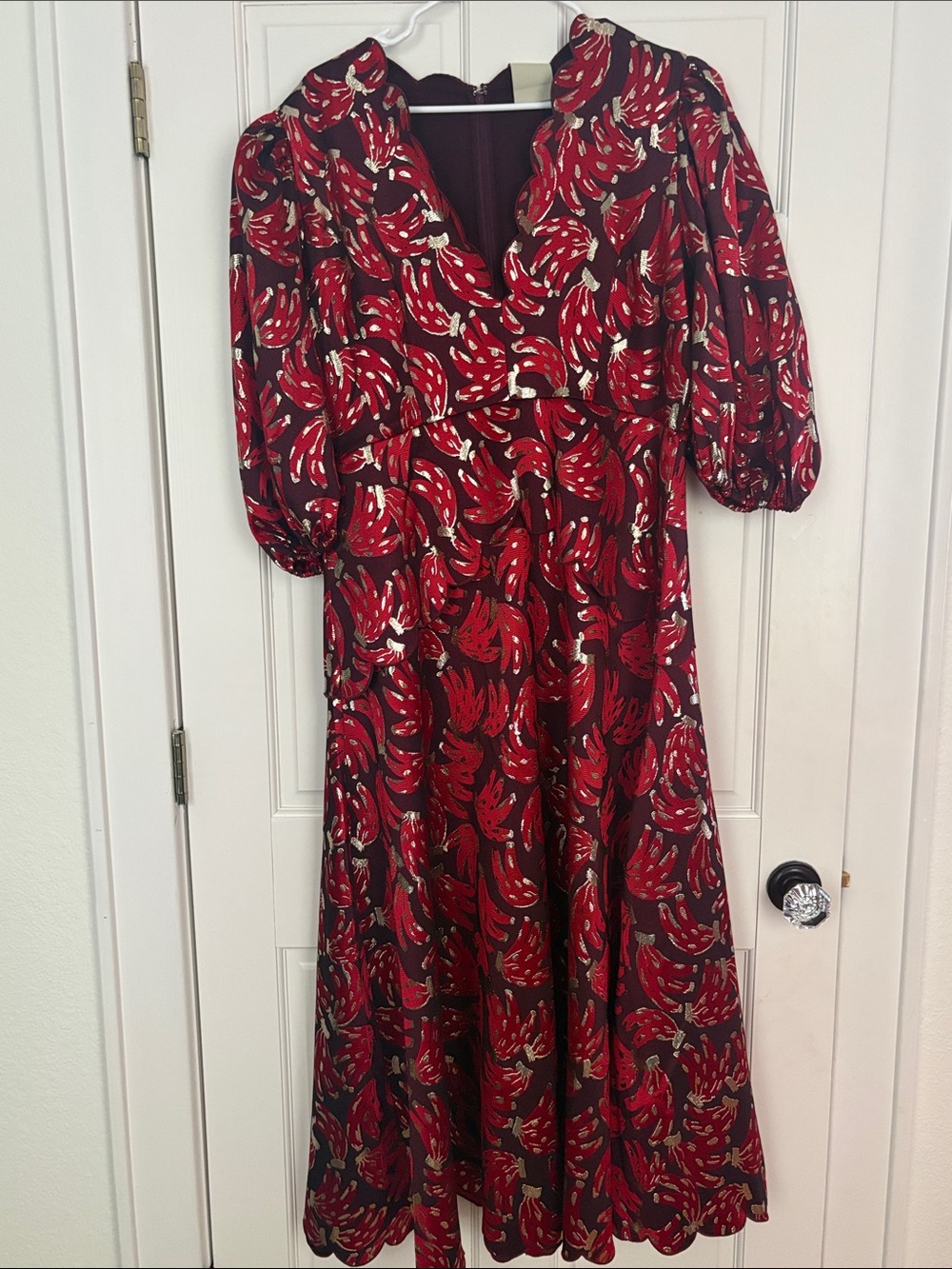 FARM Rio Red Floral Midi Dress with Puff Sleeves